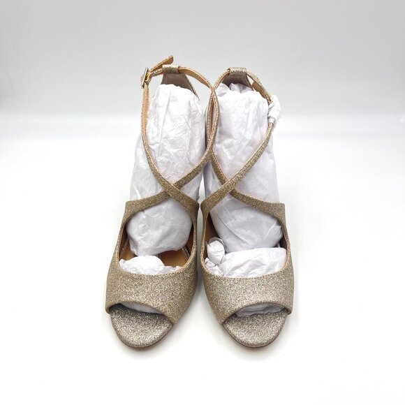 Jewel Badgley Mischka Size‎ 7 Gold Stiletto Open Toe Dress Sandals Heels Shoes - Picture 2 of 13